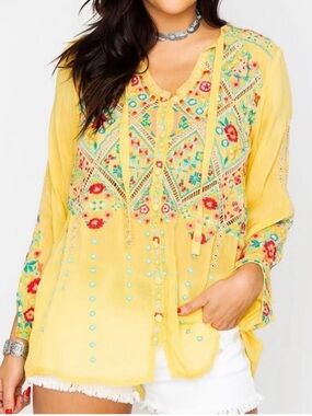 Johnny Was Yellow Embroidered Boho Tunic